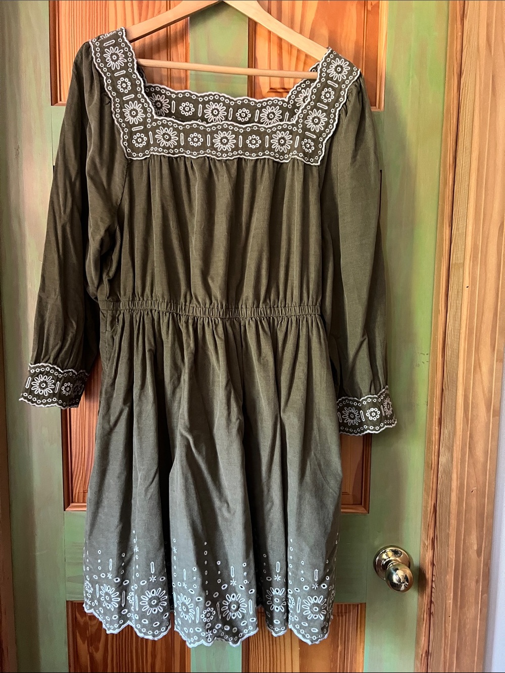 Madewell Olive Green Embroidered Square-Neck Girls' Dress